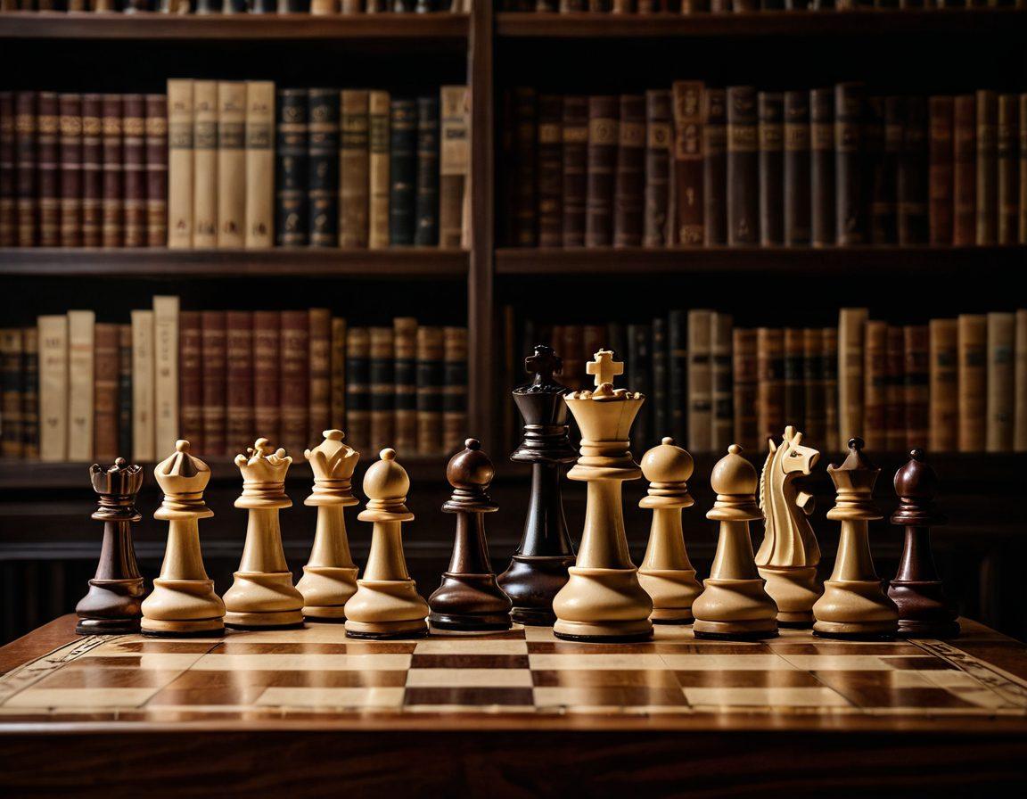 A dynamic chessboard scene featuring a close-up of intense chess pieces in mid-game, with strategic patterns drawn around them to illustrate tactics. In the background, a dimly lit library filled with chess books and trophies creates an atmosphere of mastery and dedication. An abstract overlay of a chess clock ticking adds urgency and focus. The color palette should be rich with deep browns and golds for sophistication. surrealism. vibrant colors.