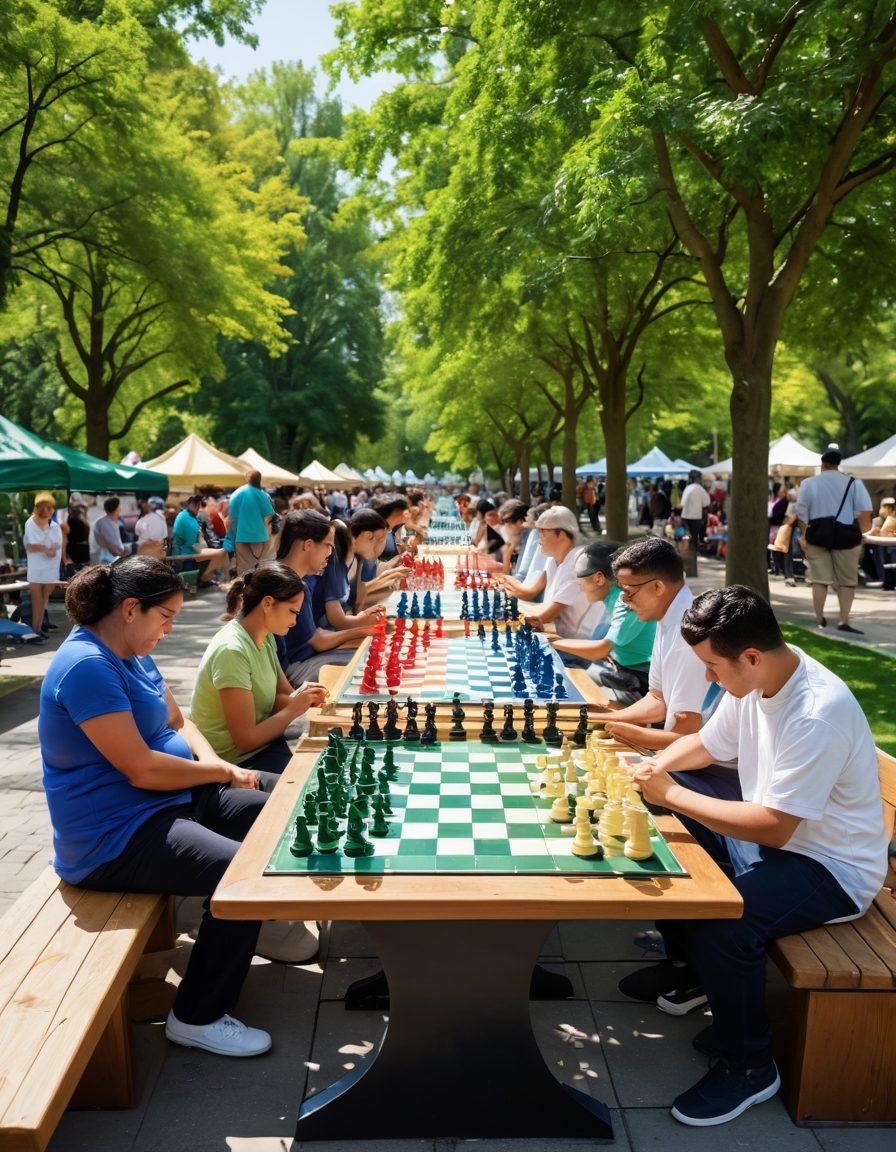 A vibrant scene depicting a diverse group of people engaged in a lively outdoor chess tournament, with a colorful array of chess boards and pieces visible. Include elements of discussion, learning, and strategy, such as players analyzing moves and spectators cheering. The background should show a park setting with trees and benches, promoting a sense of community. Super-realistic. Bright and inviting colors.