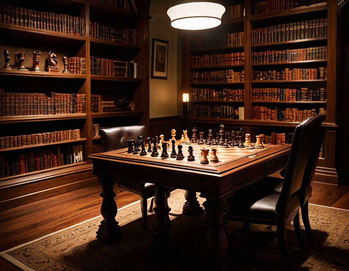 An intricate chessboard set in a classic wooden study, with beautifully crafted chess pieces strategically placed in an intense mid-game scenario. A warm glow of soft ambient light illuminates an open chess strategy book beside a steaming cup of tea. Elegant leather-bound books on chess tactics fill the background. The atmosphere conveys a sense of deep focus and intellectual challenge. super-realistic. warm colors. detailed textures.